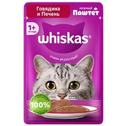Влажный корм для кошек Whiskas говядина-печень паштет, 75г