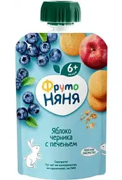 Пюре ФрутоНяня Яблоко, черника с печеньем, с 6 месяцев, 90г