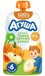 Пюре фруктово-овощное Агуша яблоко-тыква-персик-банан с 6 месяцев, 90г