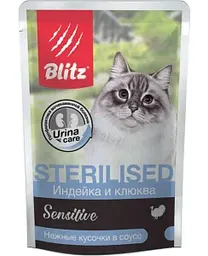Влажный корм для кошек Blitz Sterilised индейка-клюква нежные кусочки в соус, 85г