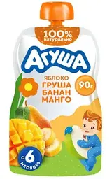 Пюре фруктово-ягодное Агуша яблоко-груша-банан-манго с 6 месяцев, 90г