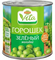 Горошек зеленый Глобус Вита без сахара, 400г