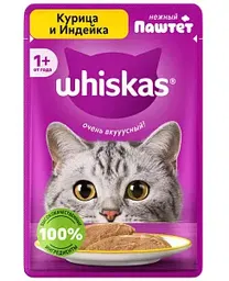 Влажный корм для кошек Whiskas курица-индейка паштет, 75г