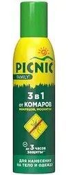 Аэрозоль от комаров, москитов, мокрецов 3 в 1 Picnic Family с экстрактом алоэ, 150мл