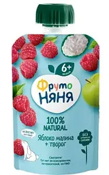 Пюре ФрутоНяня Яблоко, малина, творог, с 6 месяцев, 90г