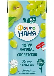 Сок ФрутоНяня Яблоко, виноград, с 6 месяцев, 200мл